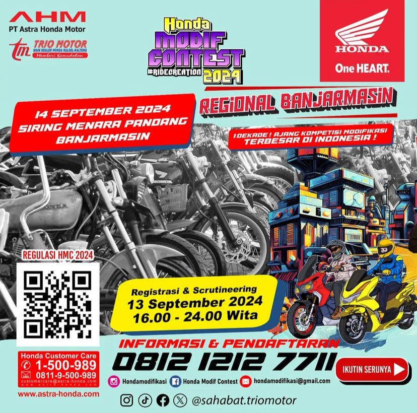 PT Astra Honda Motor (AHM) dan PT Trio Motor, sebagai jaringan main dealer resmi honda untuk wilayah Kalimantan Selatan dan Kalimantan Tengah (Kalselteng) menggelar Honda Modif Contest (HMC) #ridecreation 2024. Gambar: Trio Motor Honda