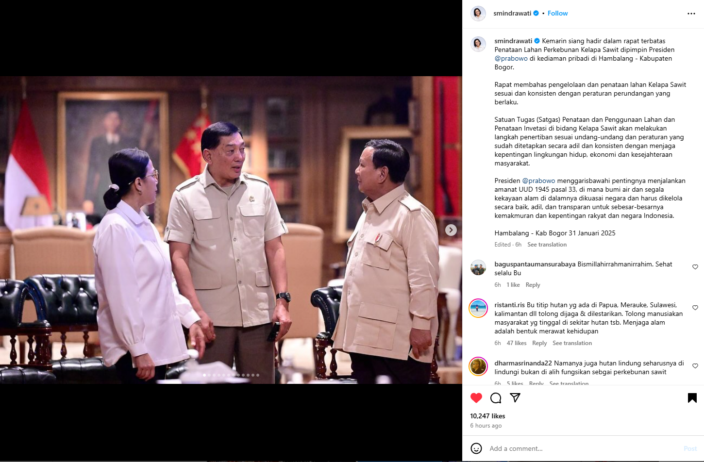 Postingan Menkeu Sri Mulyani saat menghadiri rapat terbatas bersama Presiden Prabowo di Hambalang. Foto: IG @smindrawati